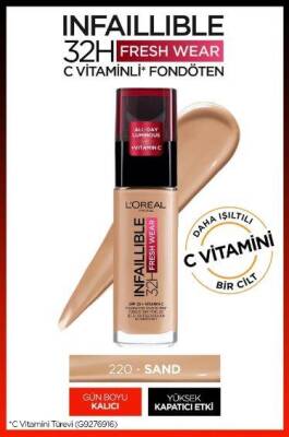 L'Oreal Paris Uzun Süre Kalıcı Fondöten - Infaillible 24H Fresh Wear 220 Sand 30 ml 3600523614479 - 1